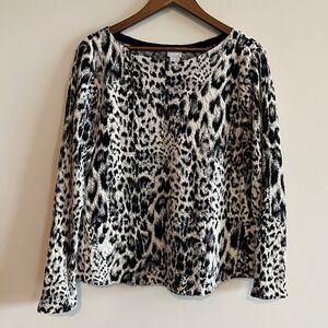 Chicos Leopard Print Sweater Womens Size 3 XL Black White Animal Boat Neck Knit